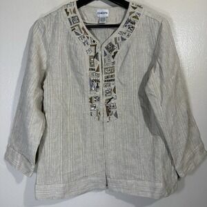 Chico's Women's S Beige Gold Shimmer Jewel Embellished Linen 3/4 Sleeve Blazer